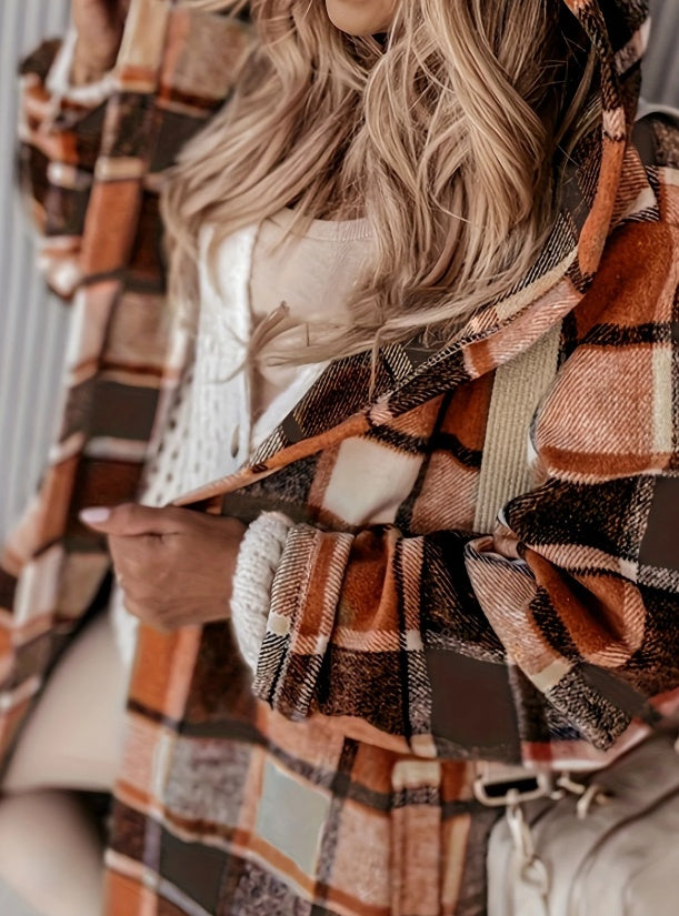 Women's Plaid Hooded Coat With Pocket Detail - image 5