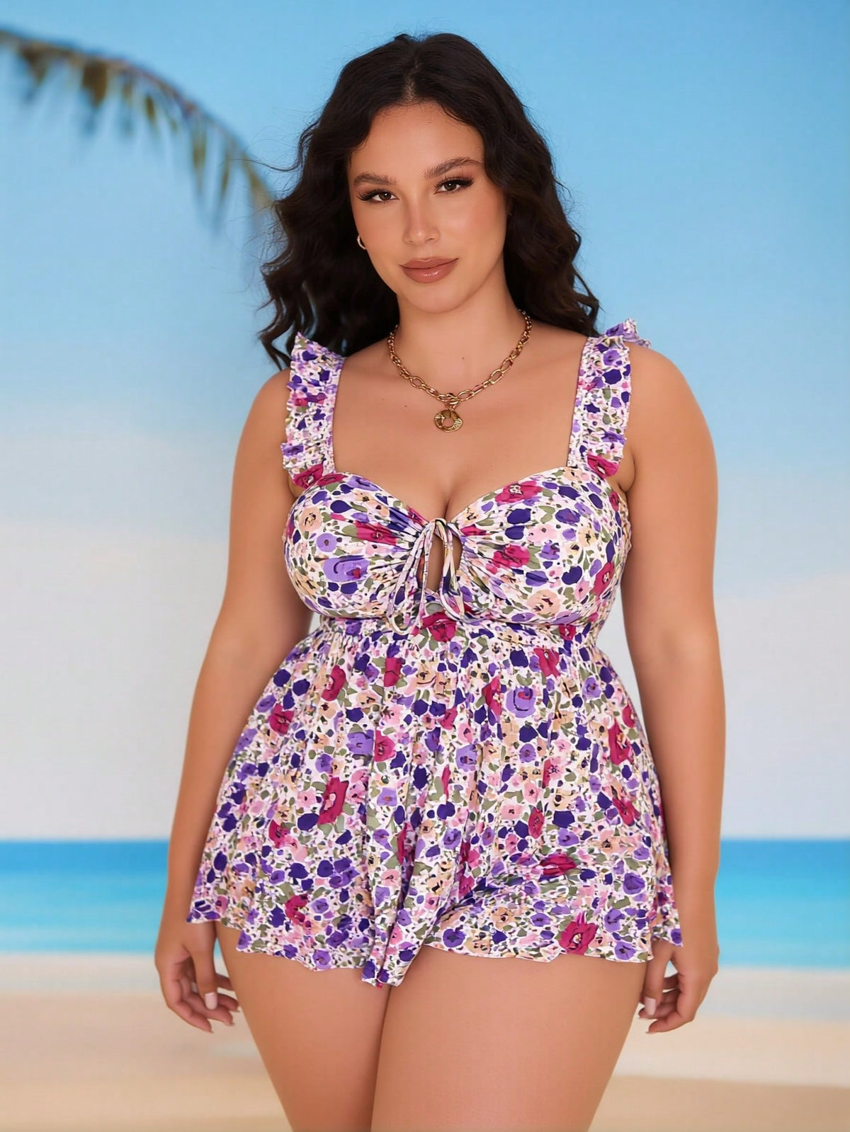 Women's Plus Size Purple Floral Ruffle Skirted Tankini - image 4