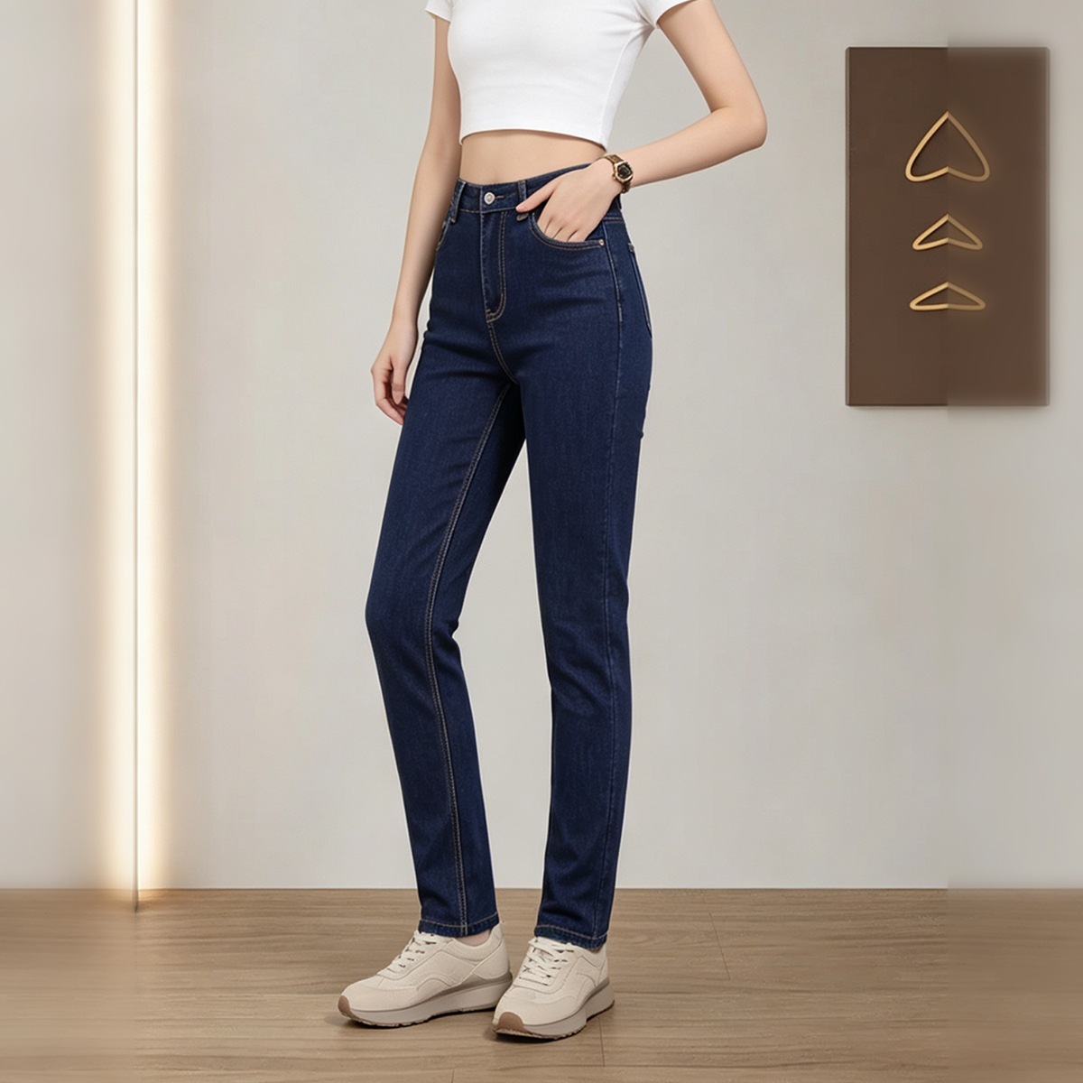High-Waist Dark Blue Straight Leg Jeans - image 3