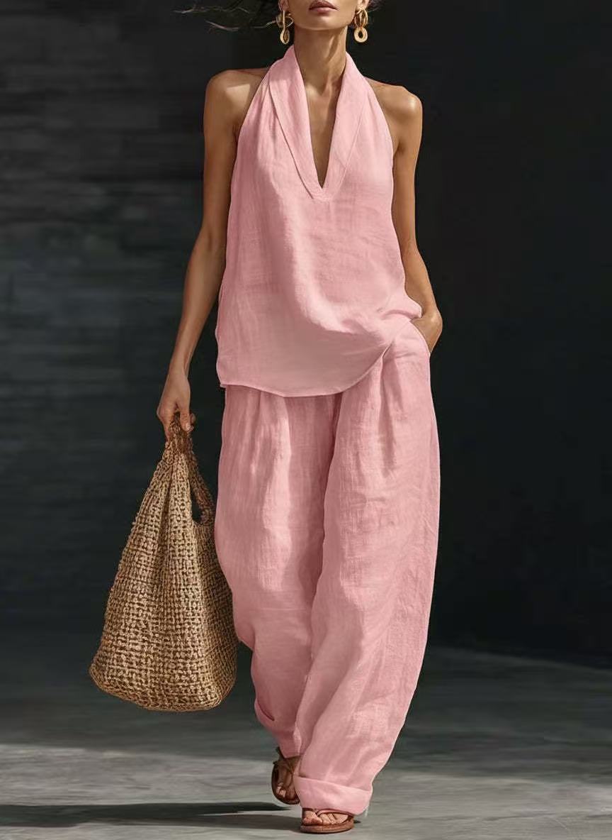 Conjunto de 2 piezas: top halter con escote en V y pantalón de pierna ancha - image 9