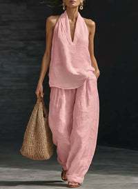 Conjunto de 2 piezas: top halter con escote en V y pantalón de pierna ancha - image 9
