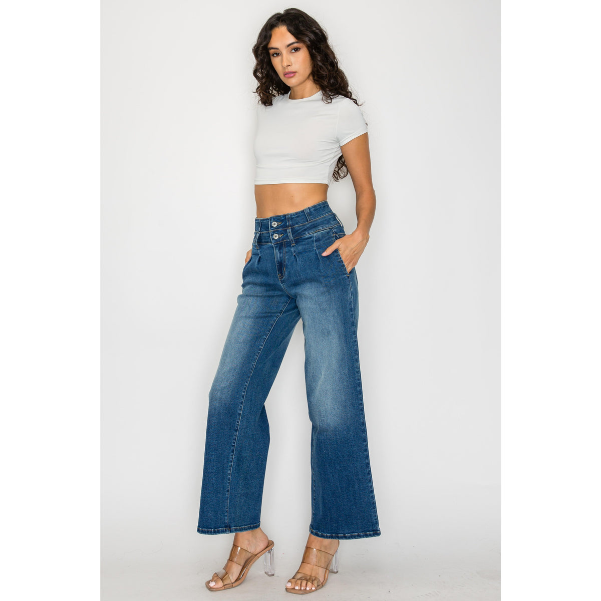 Women's Medium Blue Elastic Waist Jeans - Wide Leg Casual Denim - image 9