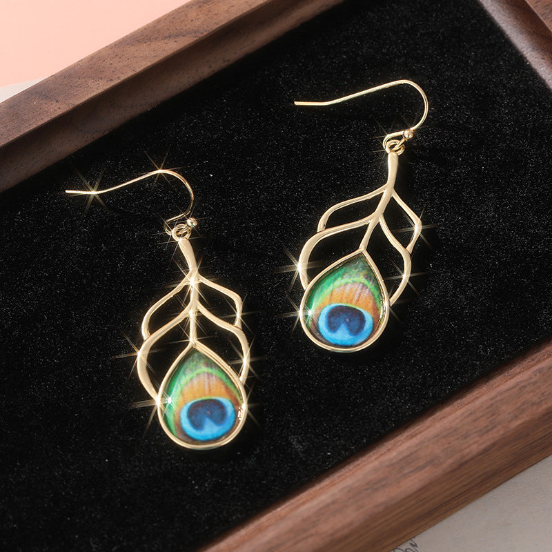 Vintage Peacock Feather Drop Earrings - image 2