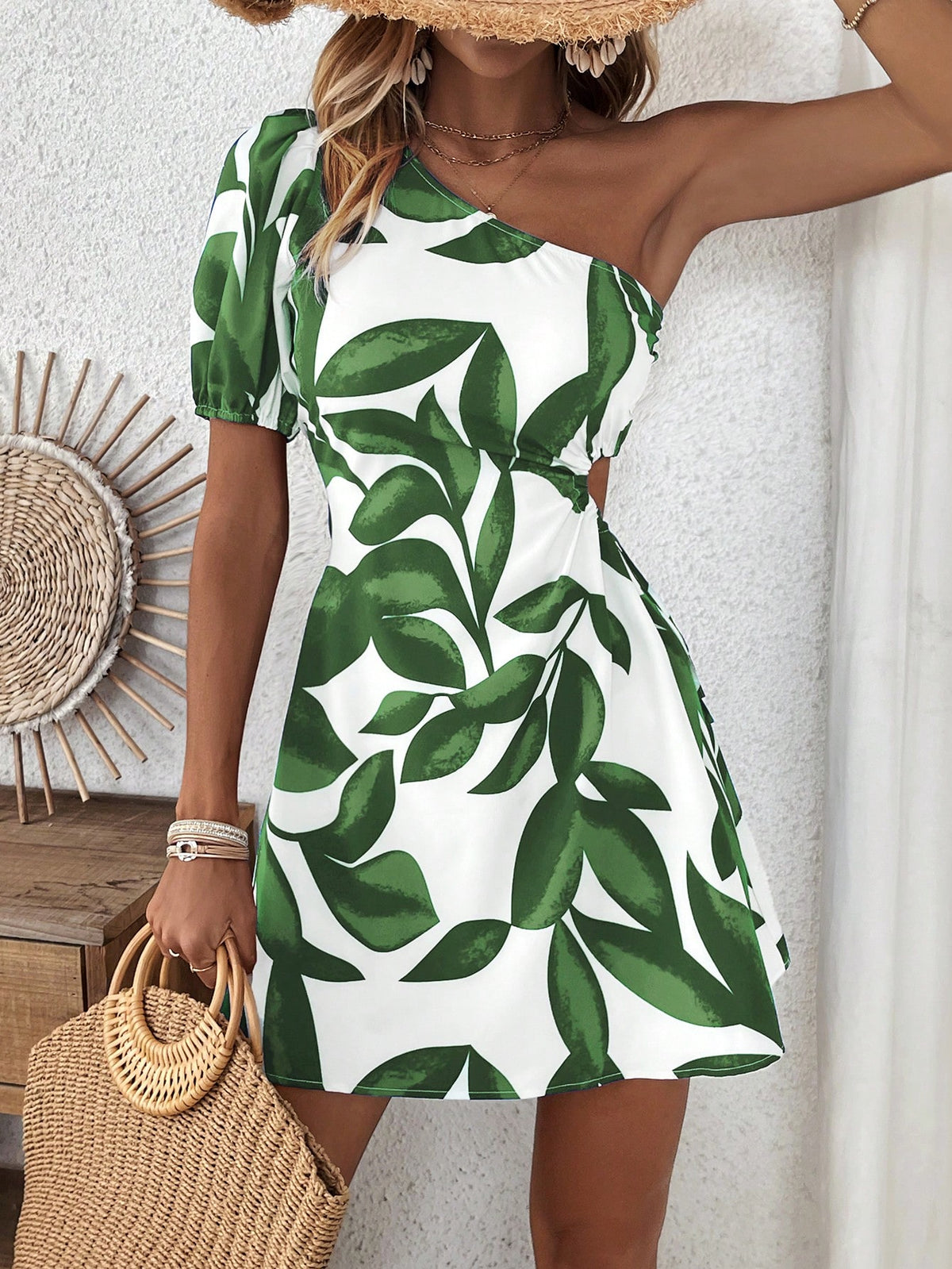 Women's One Shoulder Leaf Print Cutout Mini Dress
