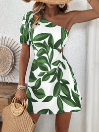 Women's One Shoulder Leaf Print Cutout Mini Dress - image 3