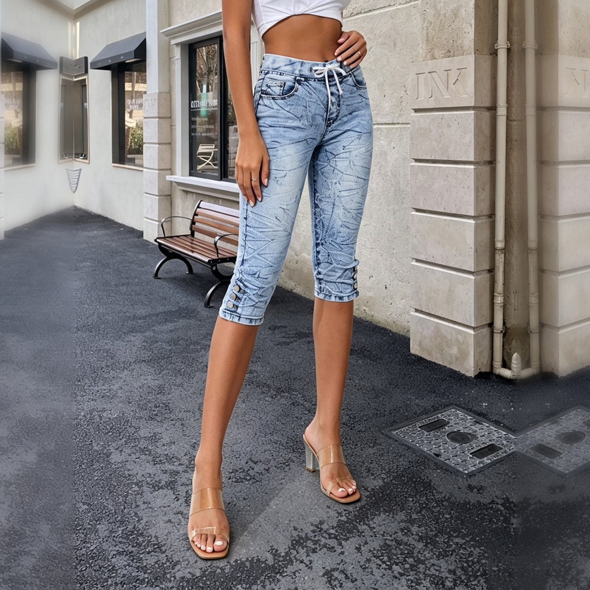 Women High Waist Snow Wash Drawstring Capri Jeans - image 4