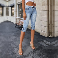 Women High Waist Snow Wash Drawstring Capri Jeans - image 4