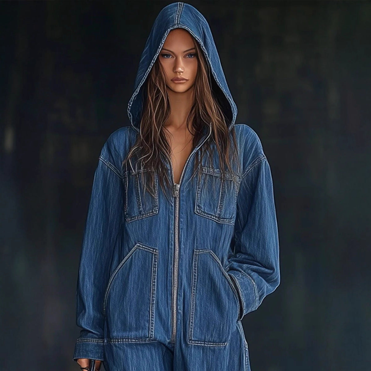 Women's Hooded Denim Jumpsuit, Wide Leg Zip-Up Overalls - image 3