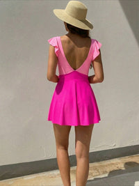 Pink Color Block Ruffle Sleeve Cutout Swim Dress - image 5
