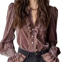 Women's Vintage Velvet V-Neck Blouse - image 5