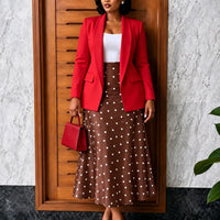Blazer and Polka Dot Flared Midi Skirt Set - image 12