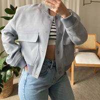 Women's Cropped Bomber Jacket, Stand Collar Snap Button Jacket with Flap Pockets - image 2