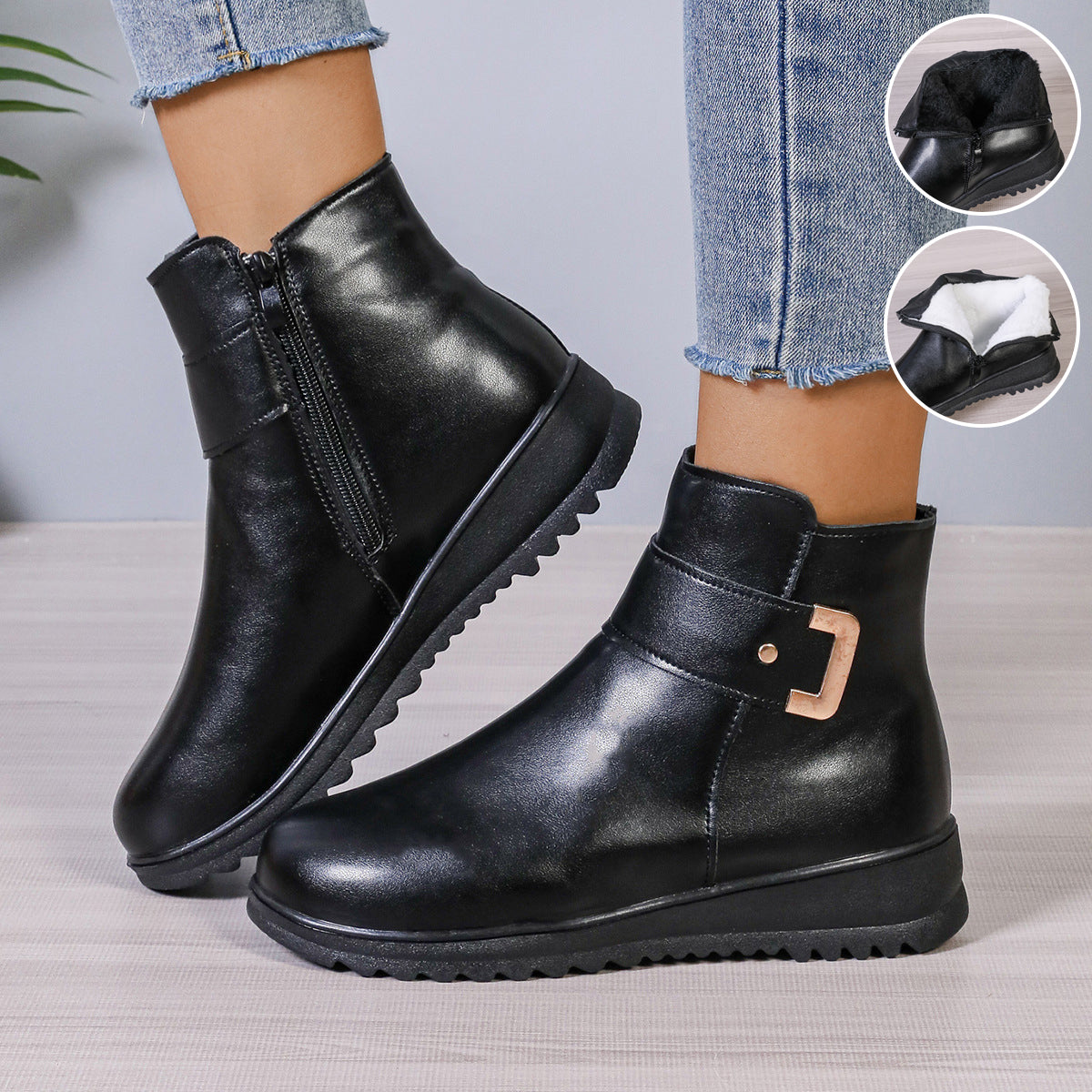 Winter Fleece Boots With Side Zipper Design Fashion Simple Non-slip Ankle Boots For Women Warm Pu Leather - image 6