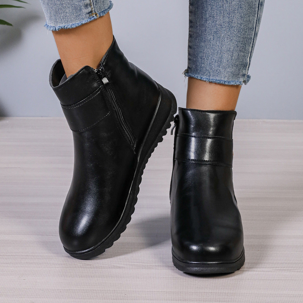 Winter Fleece Boots With Side Zipper Design Fashion Simple Non-slip Ankle Boots For Women Warm Pu Leather - image 7