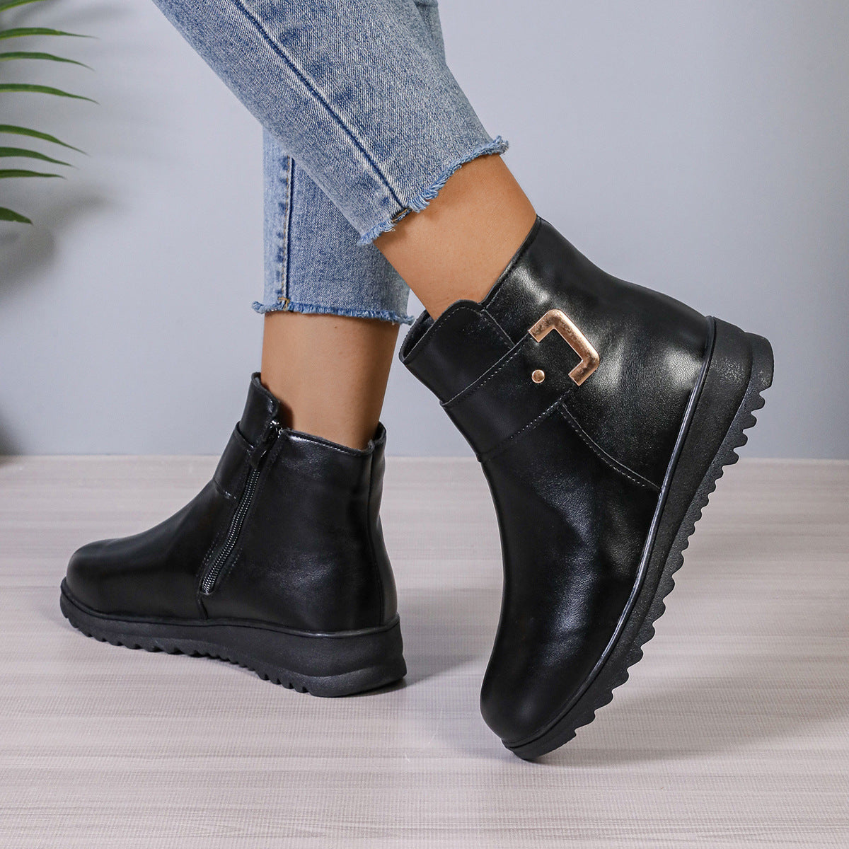 Winter Fleece Boots With Side Zipper Design Fashion Simple Non-slip Ankle Boots For Women Warm Pu Leather - image 8