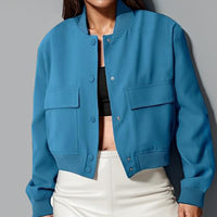 Women's Cropped Bomber Jacket, Stand Collar Snap Button Jacket with Flap Pockets - image 9