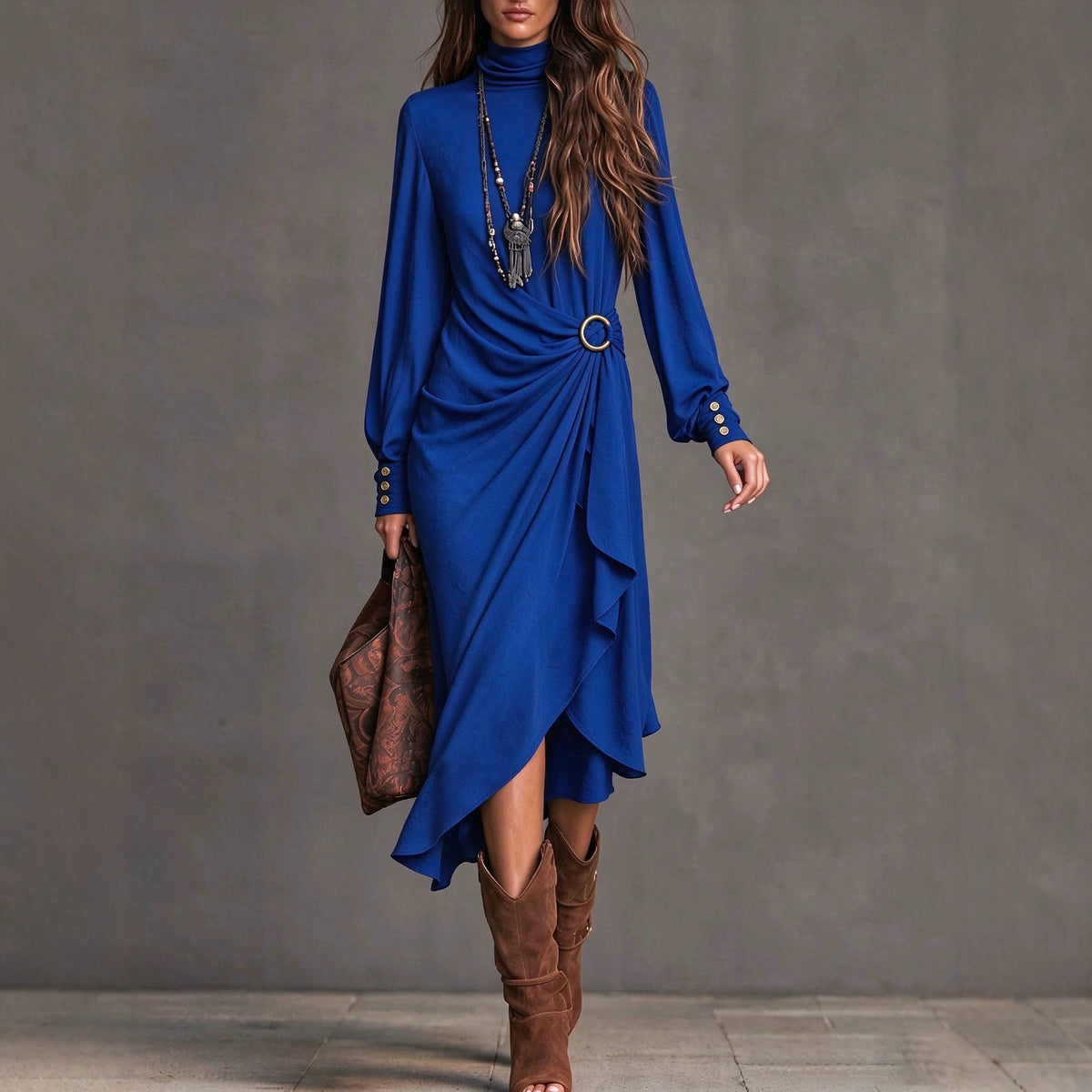 High Collar Long Sleeve Asymmetric Maxi Dress - image 2