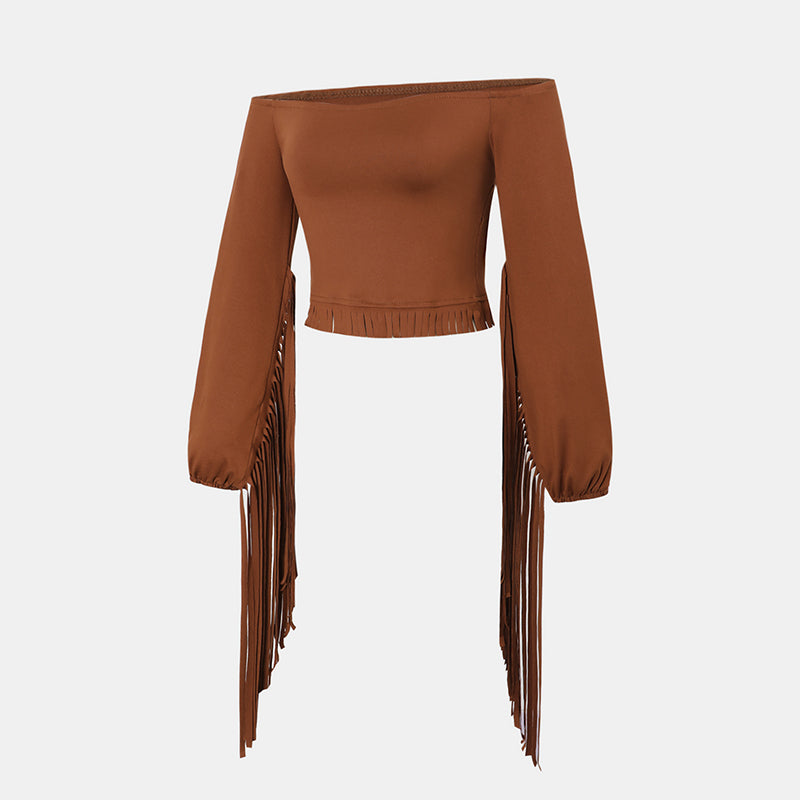Women's Western Cowgirl Fringe Trim Tops Sexy Off Shoulder Long Sleeve T Shirts Tassel Top - image 3