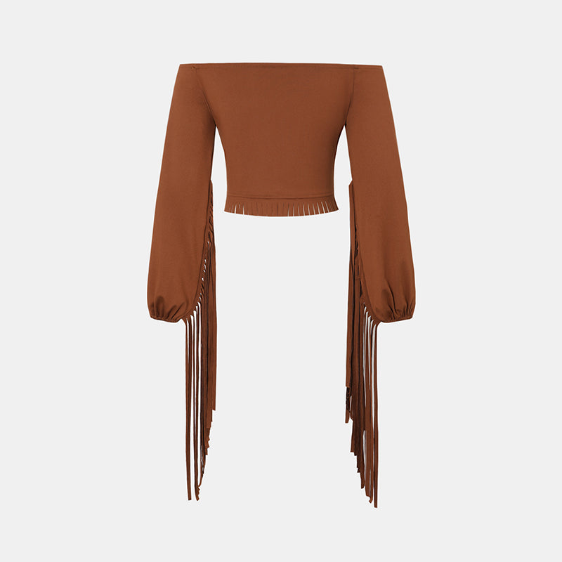 Women's Western Cowgirl Fringe Trim Tops Sexy Off Shoulder Long Sleeve T Shirts Tassel Top - image 4
