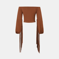 Women's Western Cowgirl Fringe Trim Tops Sexy Off Shoulder Long Sleeve T Shirts Tassel Top - image 4