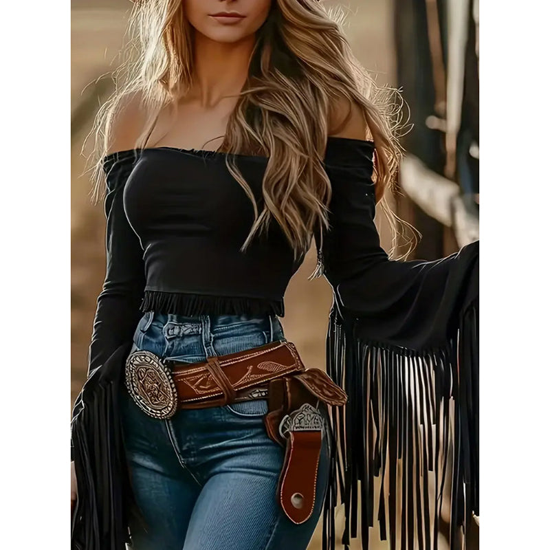 Women's Western Cowgirl Fringe Trim Tops Sexy Off Shoulder Long Sleeve T Shirts Tassel Top - image 9