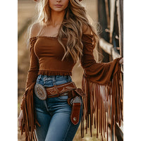 Women's Western Cowgirl Fringe Trim Tops Sexy Off Shoulder Long Sleeve T Shirts Tassel Top - image 12