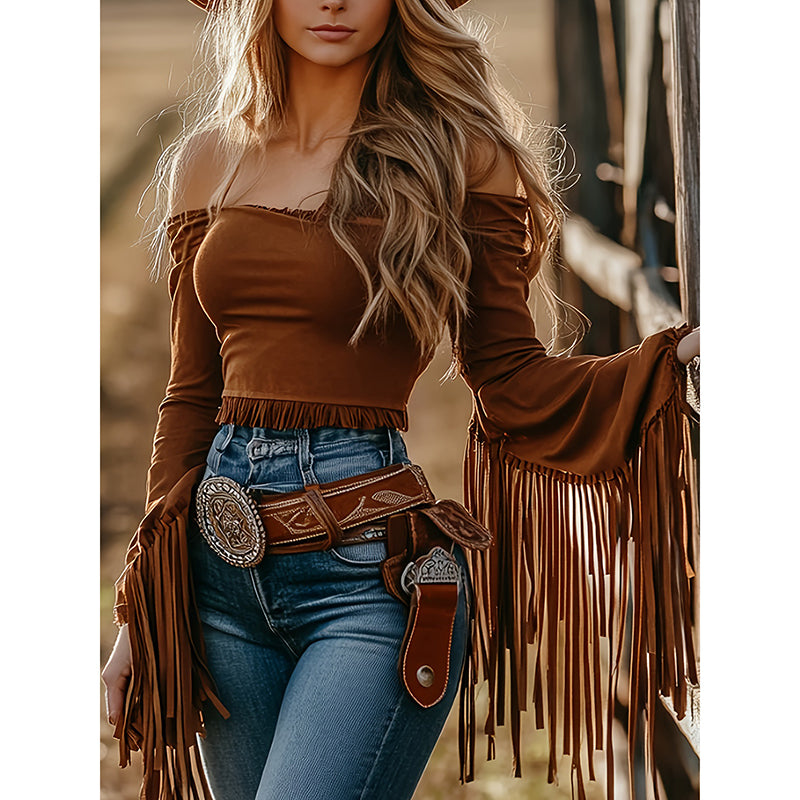 Women's Western Cowgirl Fringe Trim Tops Sexy Off Shoulder Long Sleeve T Shirts Tassel Top