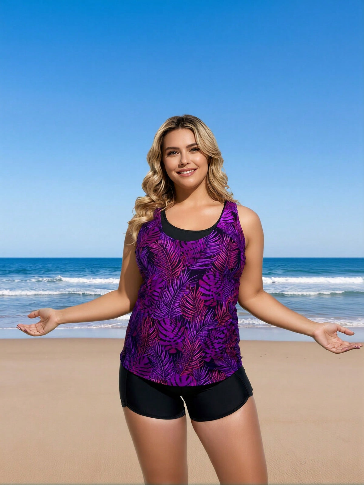 Women's Plus Size Purple Botanical Tankini with Boyleg Shorts - image 3