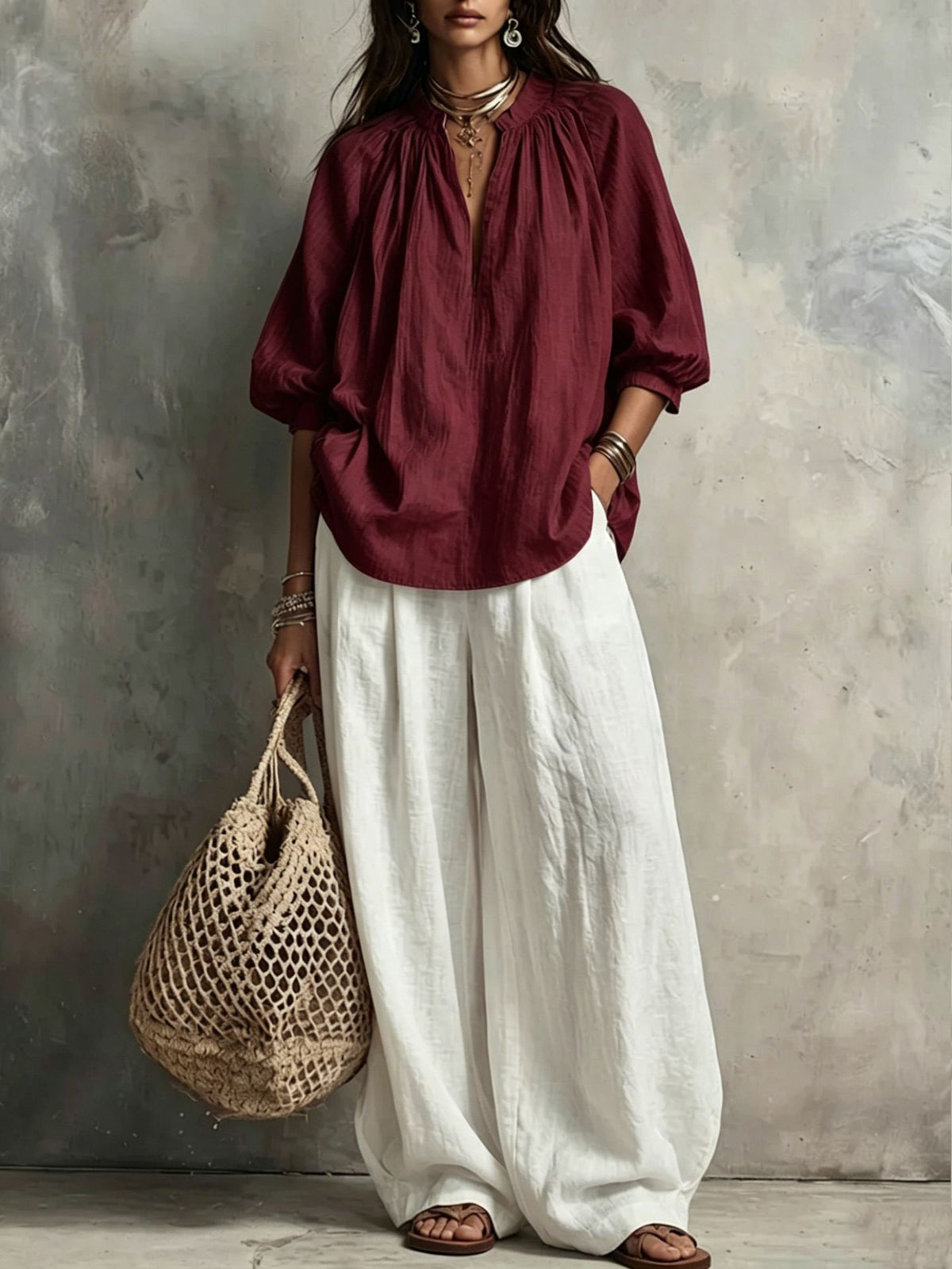 Cotton Linen Puff Sleeve Shirt and Wide Leg Pants Set - image 10