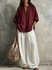Cotton Linen Puff Sleeve Shirt and Wide Leg Pants Set - image 10