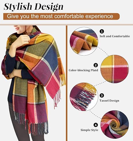 Women's Long Plaid Winter Scarf with Tassels, Soft Warm Checkered Blanket Wrap - image 6