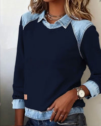Denim Collar Long Sleeve Pullover Patchwork Knitwear Top - image 10