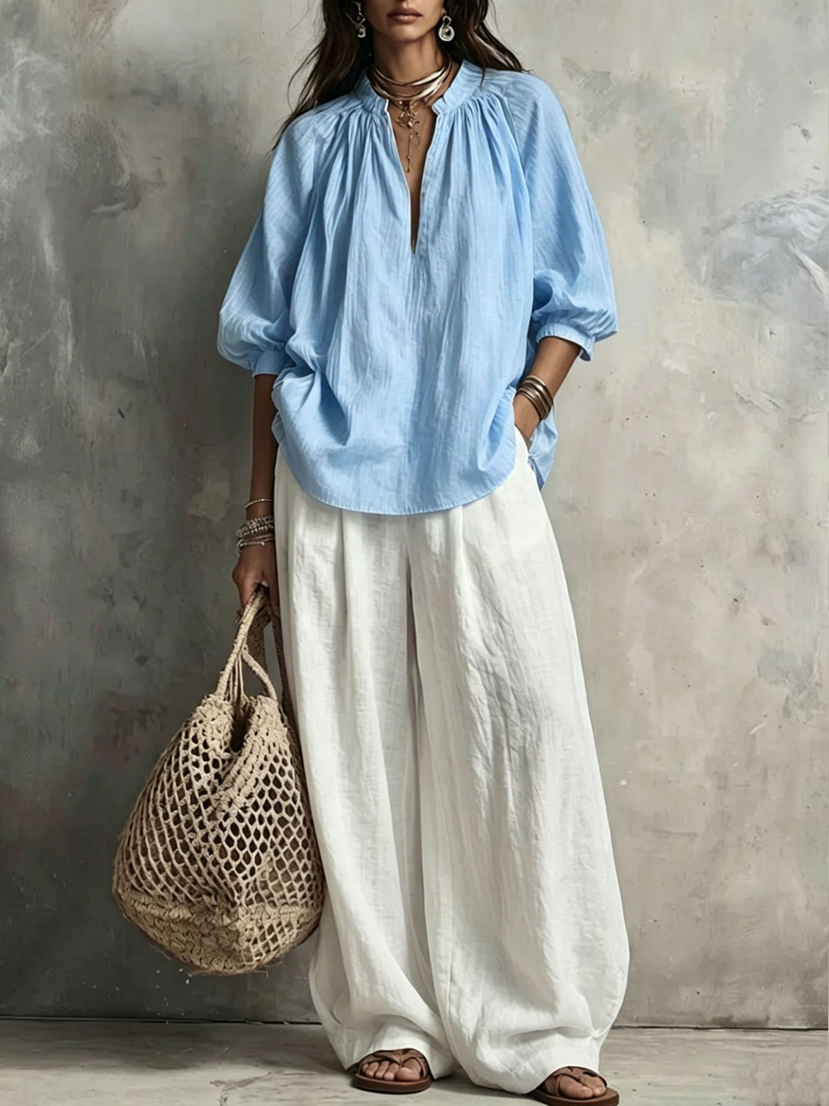 Cotton Linen Puff Sleeve Shirt and Wide Leg Pants Set - image 11