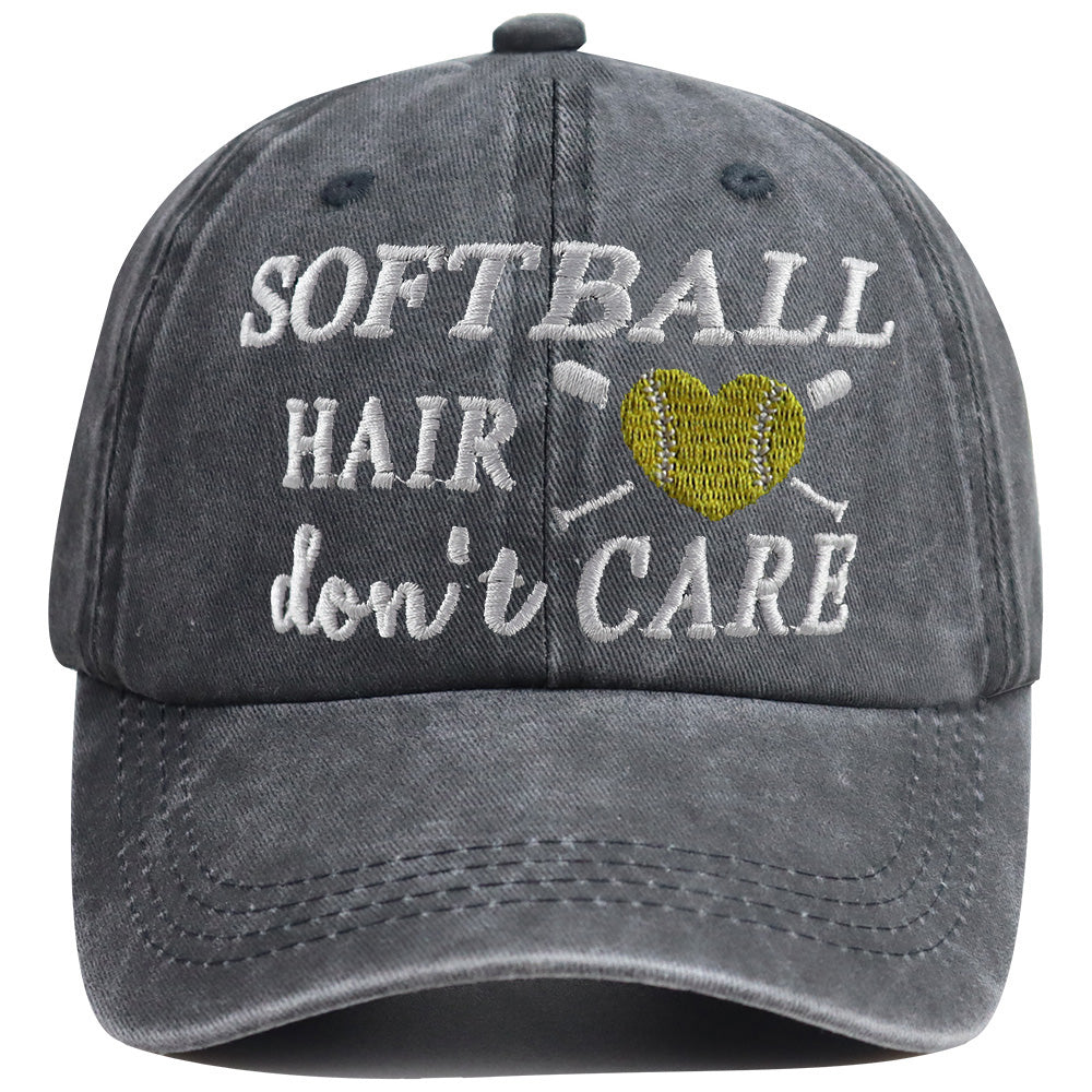 Softball Hair Don't Care Embroidered Washed Baseball Cap, Vintage Distressed Hat For Women Softball Lover
