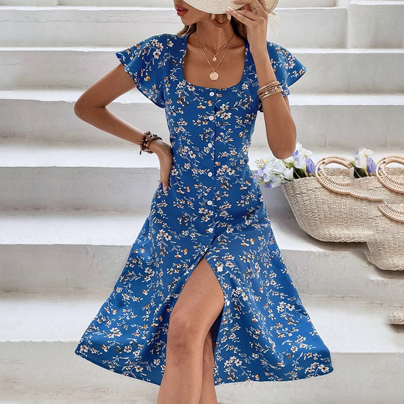 Women's Floral Print Short Sleeve Split Maxi Dress, Boho Beach Sundress