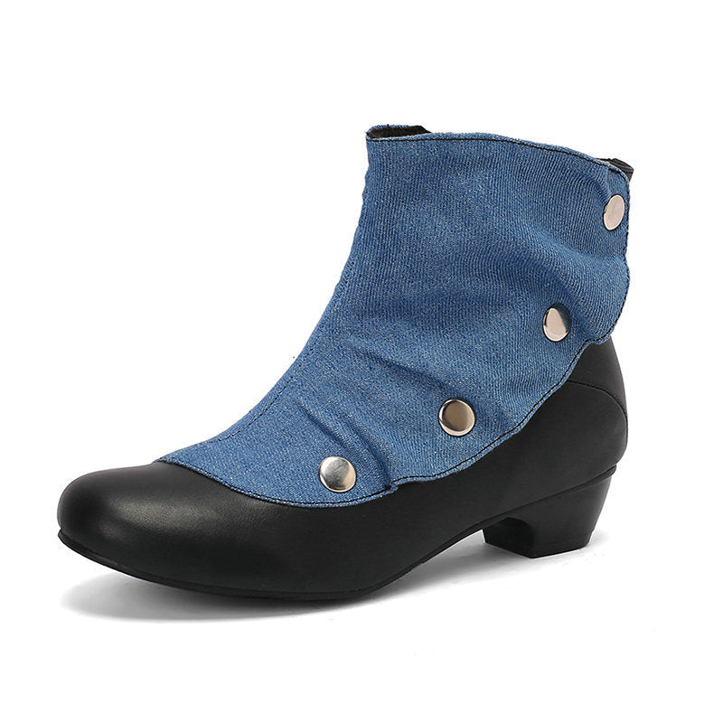 Denim Panel Western Chunky Heel Ankle Boots