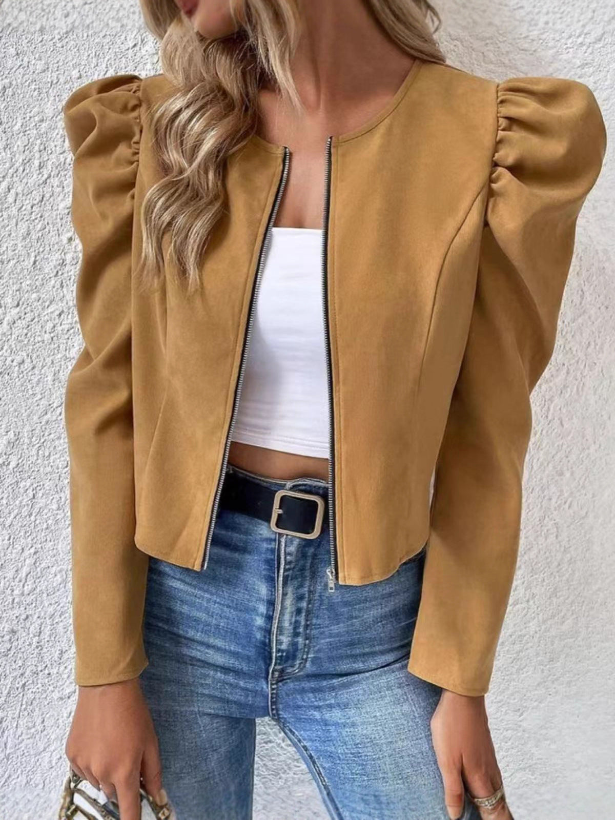 Puff Sleeve Zip-Up Round Neck Cardigan - image 4