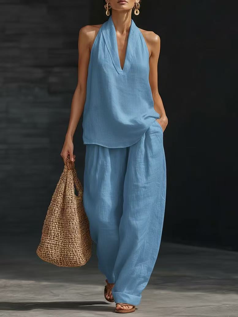 Conjunto de 2 piezas: top halter con escote en V y pantalón de pierna ancha - image 7