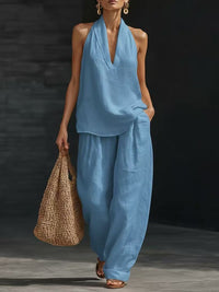 Conjunto de 2 piezas: top halter con escote en V y pantalón de pierna ancha - image 7