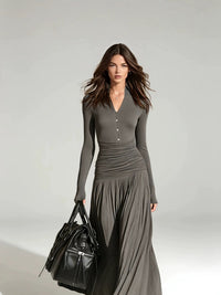 V-Neck Double-Breasted Long Sleeve Dress - image 5