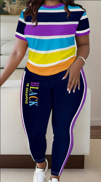 Women's Colorful Striped Short Sleeve T-Shirt and Pants 2 Piece Set