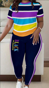 Women's Colorful Striped Short Sleeve T-Shirt and Pants 2 Piece Set - image 2