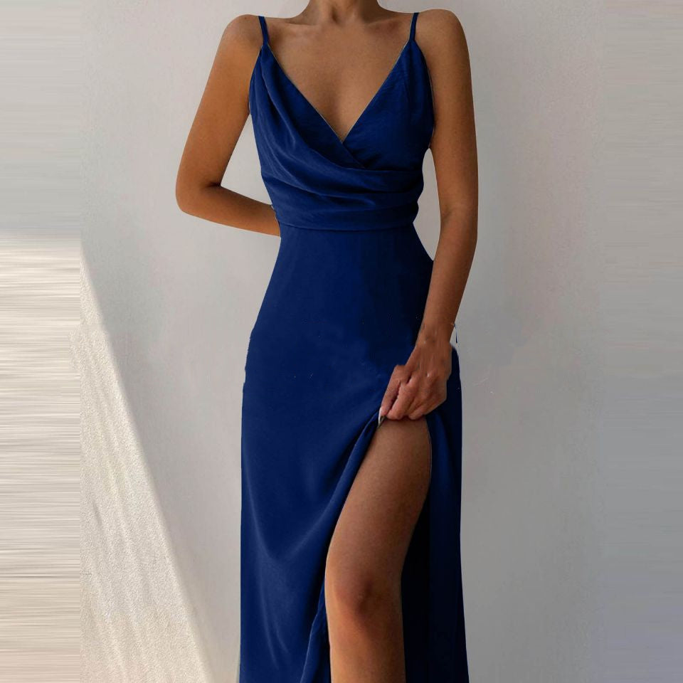 Women's Draped V-Neck Spaghetti Strap Slit Maxi Dress, Fitted Cami Dress - image 3