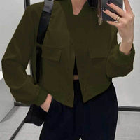 Women's Cropped Bomber Jacket, Stand Collar Snap Button Jacket with Flap Pockets - image 10
