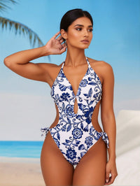 Porcelain Print Halter Cutout One-Piece Swimsuit - image 4