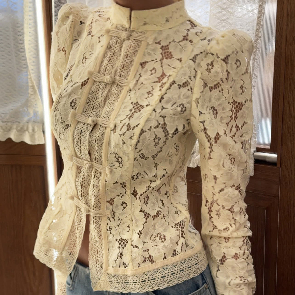 Lace Crochet Stand Collar Slim Fit Shirt - image 4