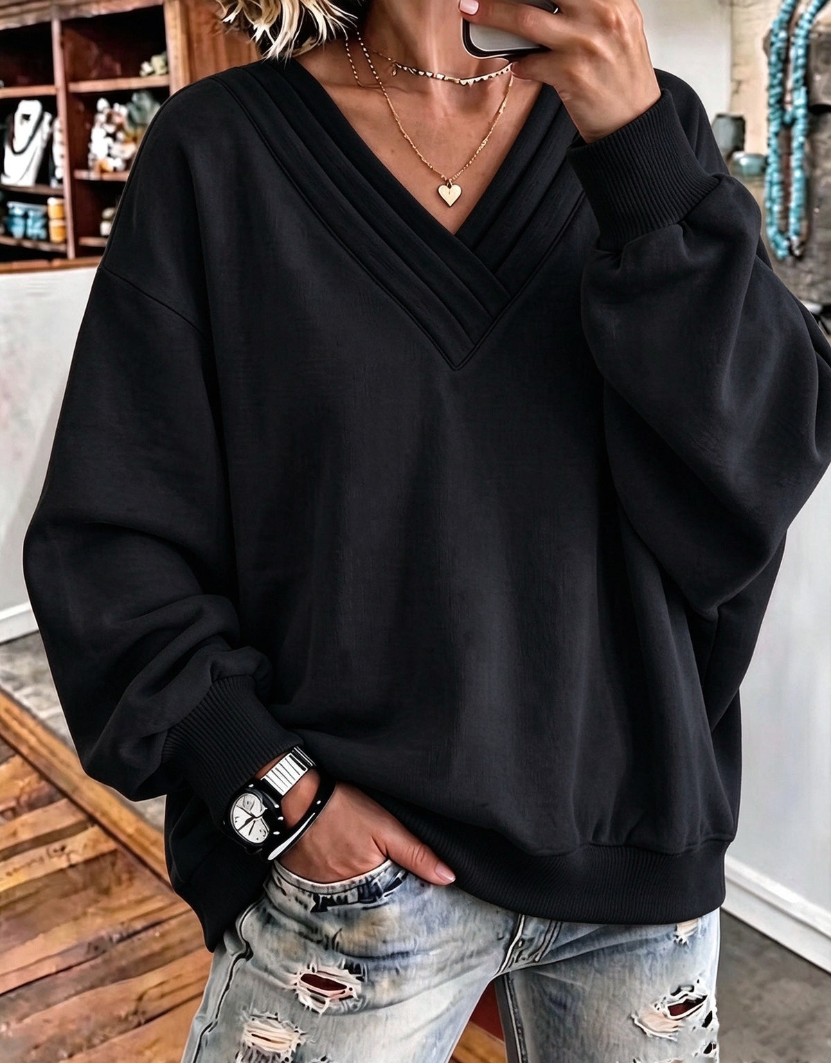 Women's Loose V-Neck Brushed Hoodie - image 7