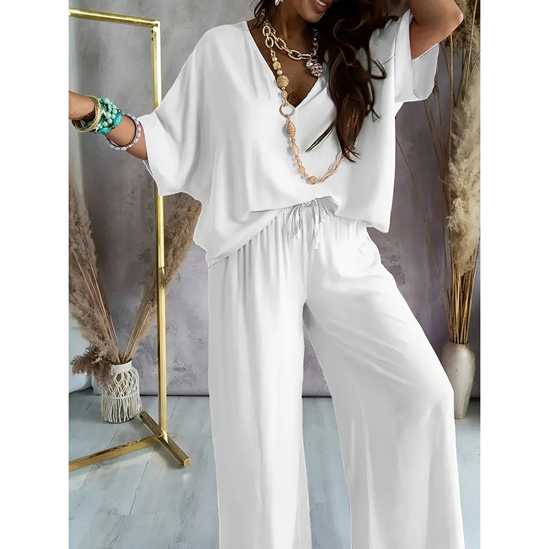 Women's 2 Piece Outfit, Casual Solid Color V-Neck Half Sleeve Top And Wide Leg Pants Lounge Set - image 10