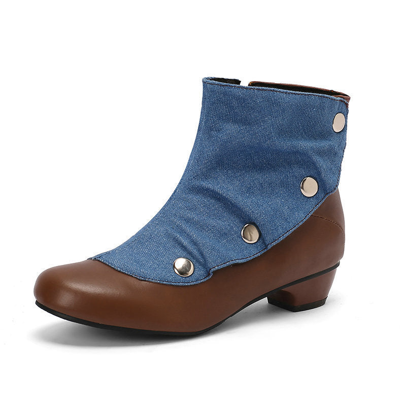 Denim Panel Western Chunky Heel Ankle Boots - image 6