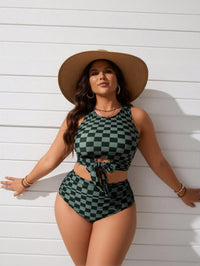 Women's Plus Size Green Checkerboard Tie Front Tankini - image 4